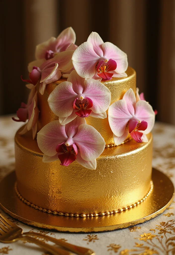 13 Luxurious Orchid Cakes That Will Make You Feel Like Royalty (Don’t Miss #1!) - 5. Elegant Gold and Orchid Cake