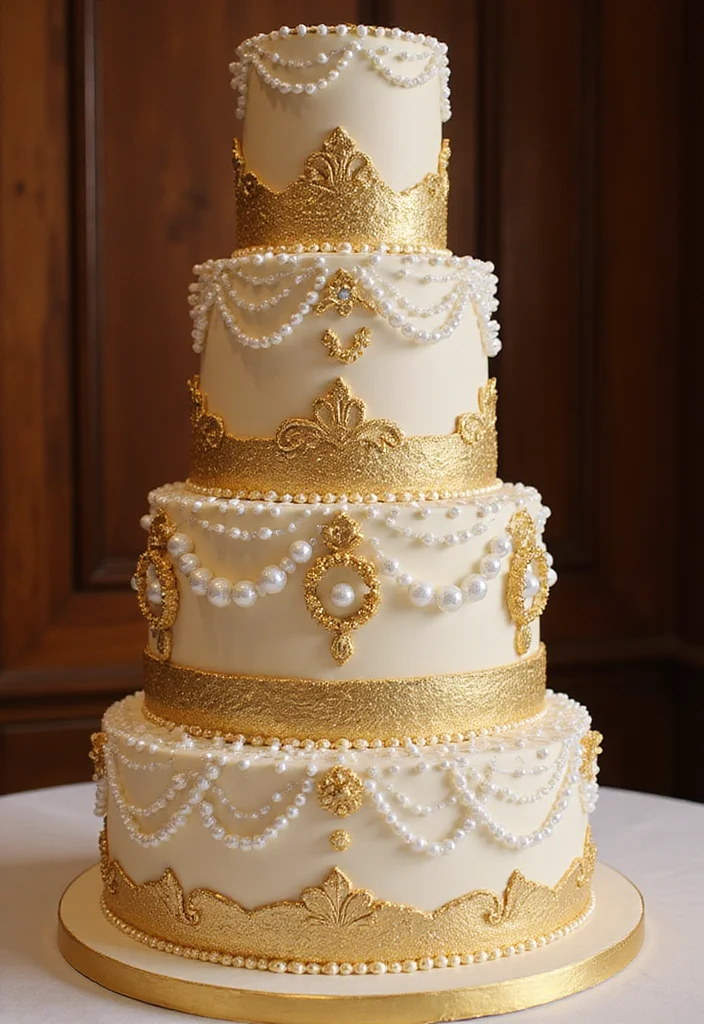 14 Tiered Traditional Marriage Cakes That Will Elevate Your Wedding Day! - 3. Glamorous Gold and Pearls