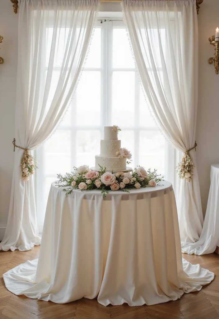 15 Creative Cake Table Decor Ideas You Wish You Knew Sooner (Watch Out for #7!) - 11. Light and Airy Fabrics