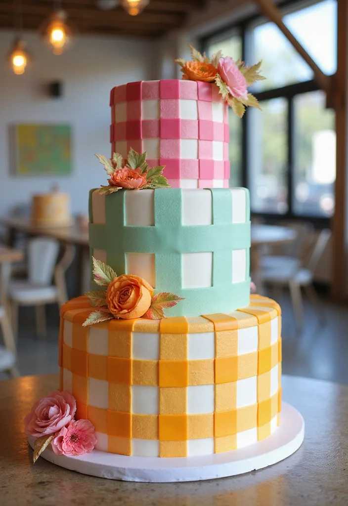 18 Stunning Gingham Cake Ideas for Your Dream Wedding (Wait Until You See #9!) - 11. Color Blocked Gingham