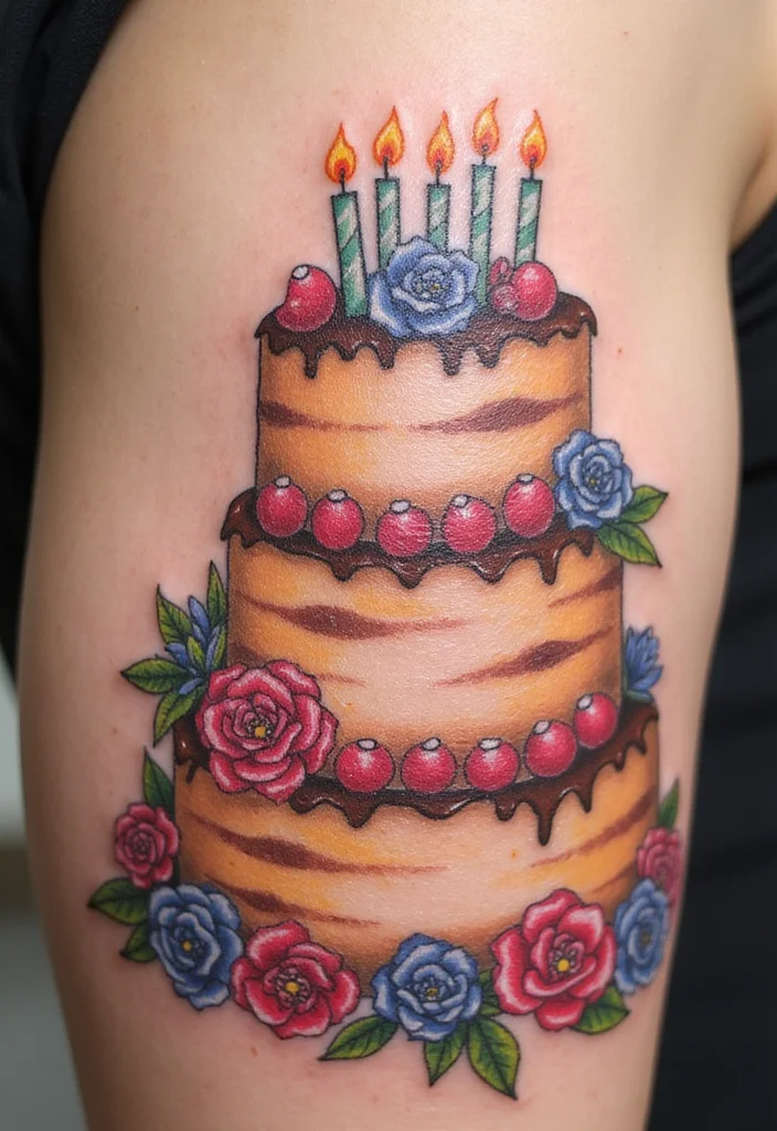 20 Delicious Birthday Cake Tattoo Ideas That Will Leave You Hungry for More! - 1. Classic Layered Cake