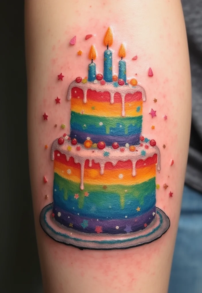 20 Delicious Birthday Cake Tattoo Ideas That Will Leave You Hungry for More! - 2. Rainbow Cake Delight