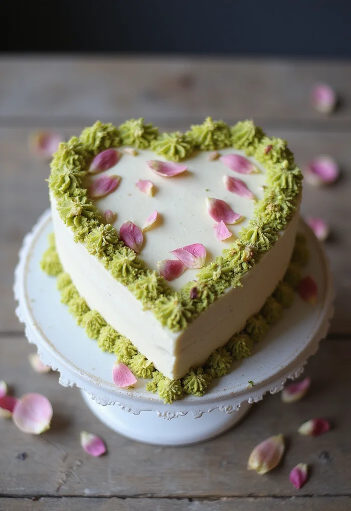 21 Gorgeous Heart Cake Ideas for Valentine’s Day (Fall in Love with #6!) - 15. Pistachio Rose Heart Cake