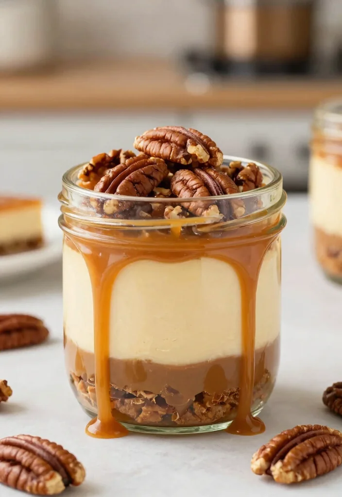 15 Cheesecake in a Jar Ideas: Cute Portable Desserts - 15. Caramel Pecan Cheesecake Jars 1