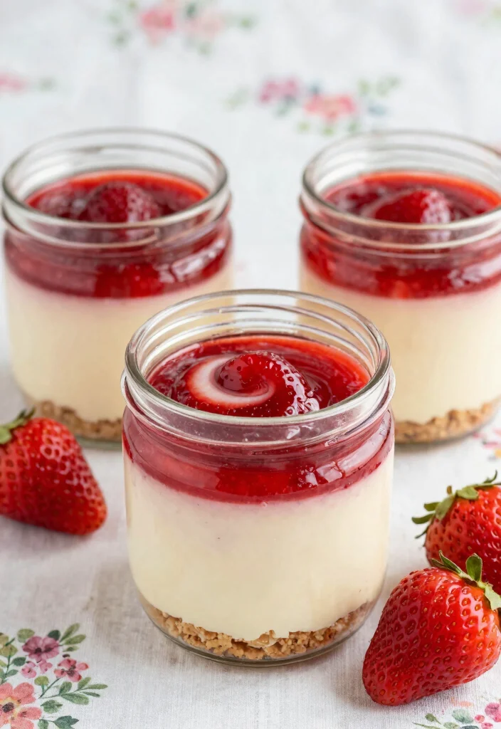 15 Cheesecake in a Jar Ideas: Cute Portable Desserts - 2. Strawberry Swirl Cheesecake Jars 1