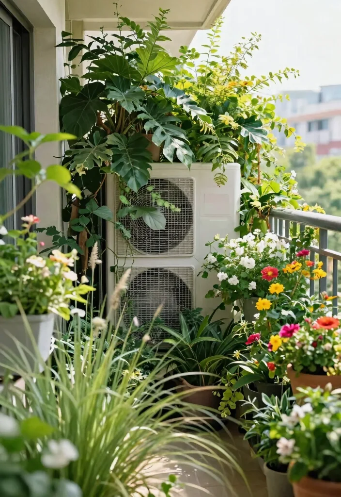 15 AC Outdoor Unit in Balcony Ideas That Hide It Beautifully - 1. Lush Greenery Surround 1