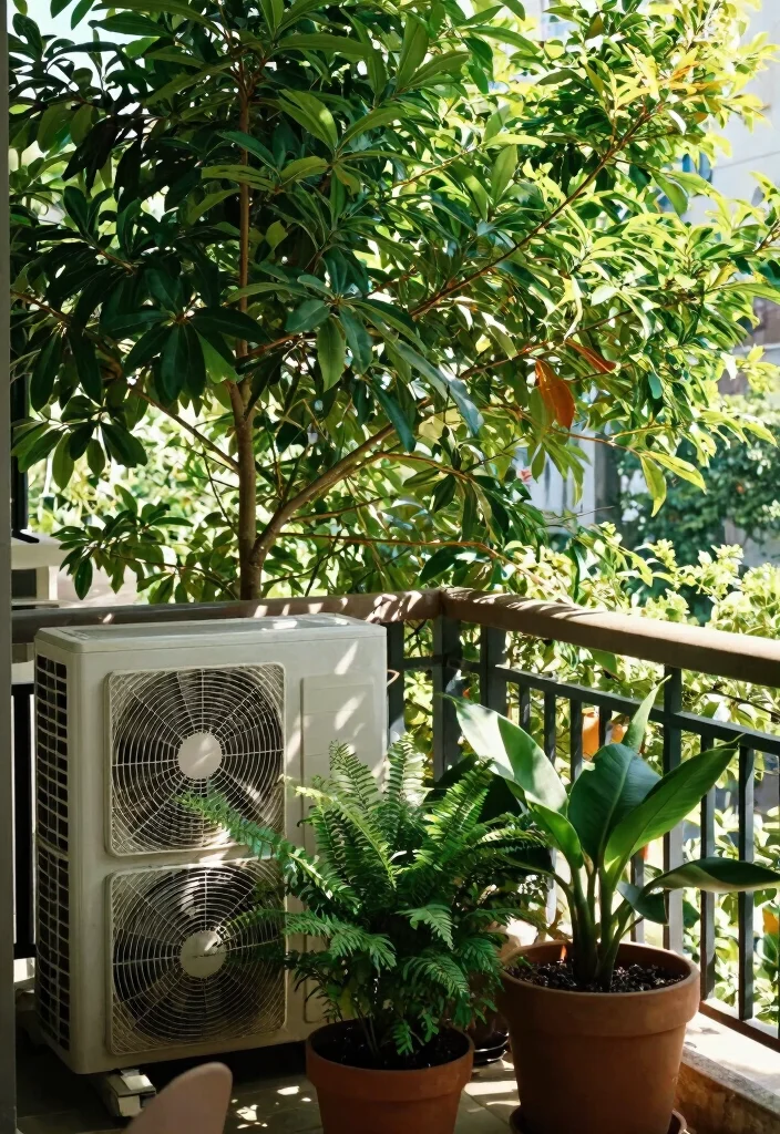 15 AC Outdoor Unit in Balcony Ideas That Hide It Beautifully - 12. Potted Trees 1