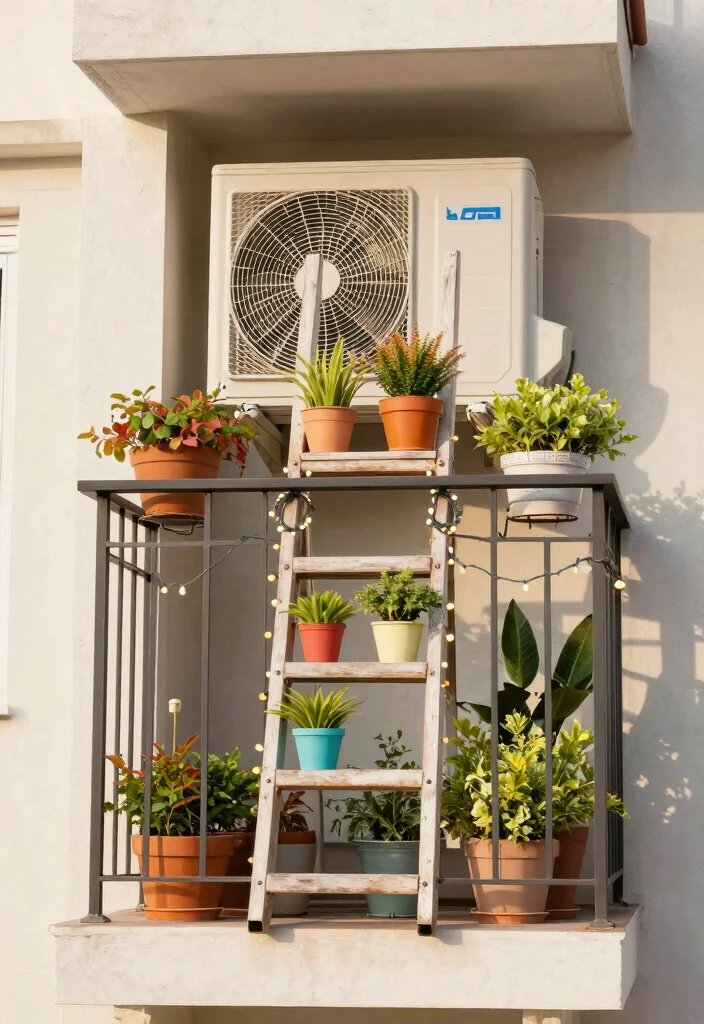 15 AC Outdoor Unit in Balcony Ideas That Hide It Beautifully - 14. Repurposed Ladder Display 1