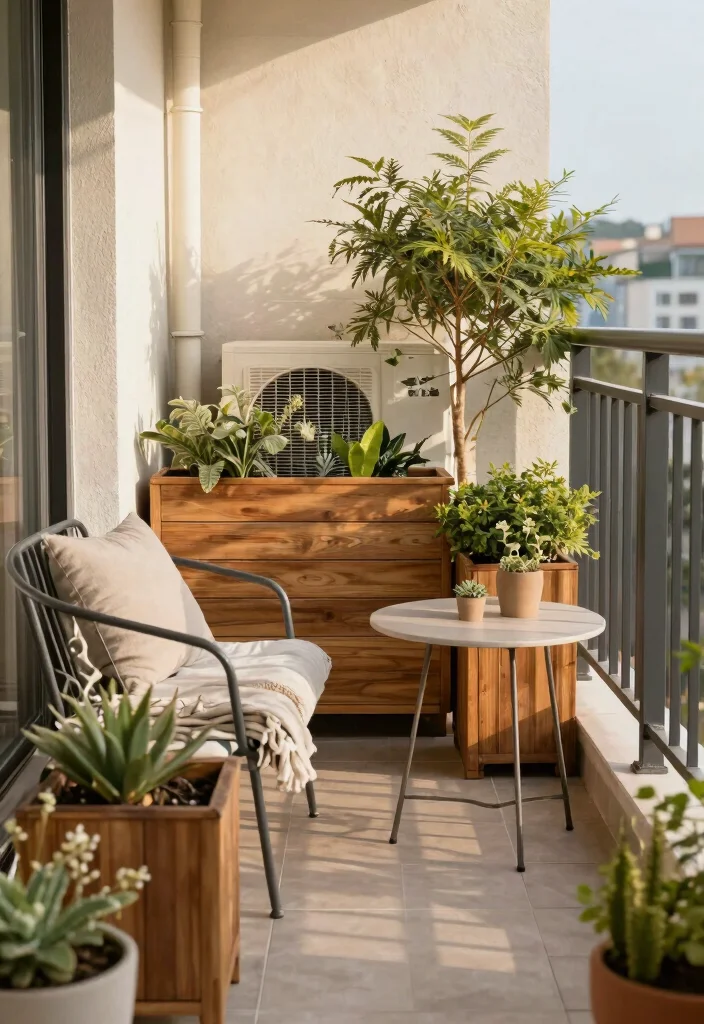 15 AC Outdoor Unit in Balcony Ideas That Hide It Beautifully - 15. Layered Textures 1