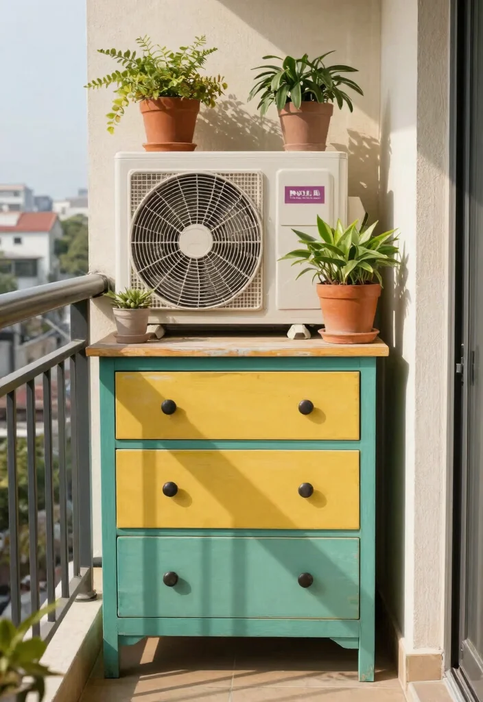 15 AC Outdoor Unit in Balcony Ideas That Hide It Beautifully - 7. Upcycled Furniture 1