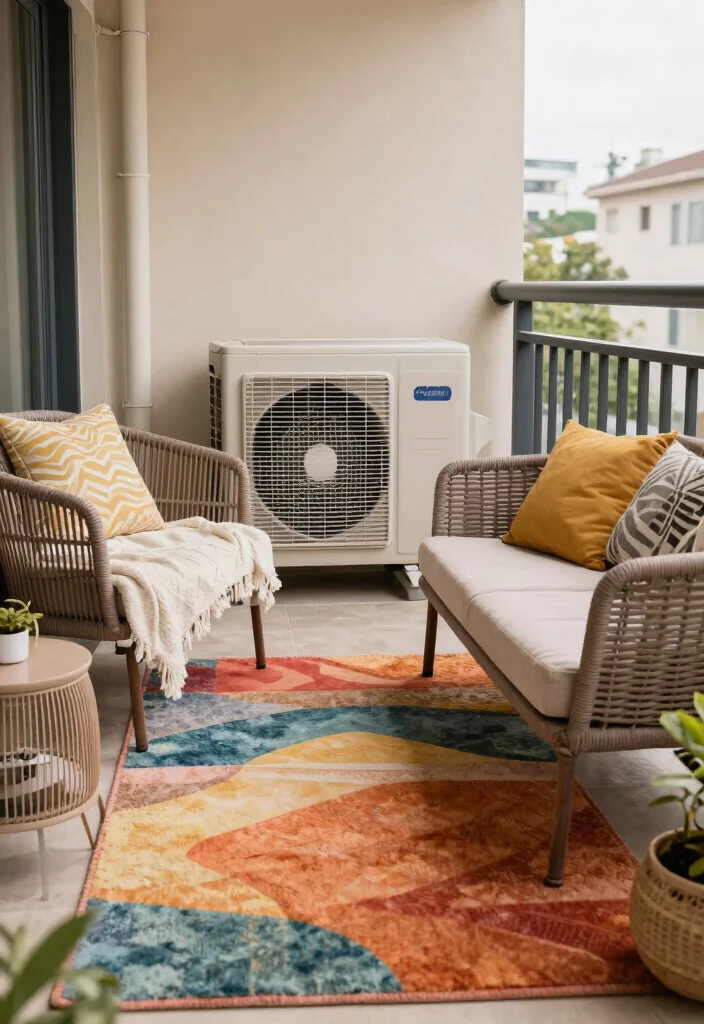 15 AC Outdoor Unit in Balcony Ideas That Hide It Beautifully - 9. Outdoor Rugs and Furniture Arrangements 1