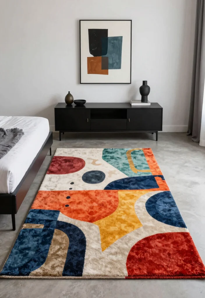 15 Bedroom Rug Aesthetic Ideas That Elevate Your Space - 10. Artistic Rugs to Make a Statement 1