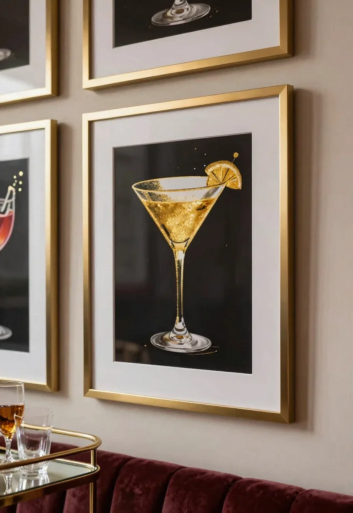 16 Martini Wall Art Ideas With Retro Glam Touch - 1. Glamorous Gold Foil Martini Prints 1