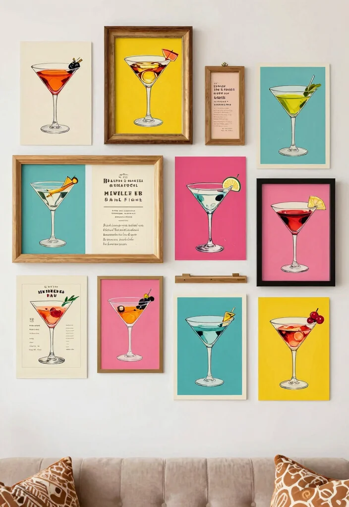 16 Martini Wall Art Ideas With Retro Glam Touch - 2. Vintage Martini Illustration Collage 1