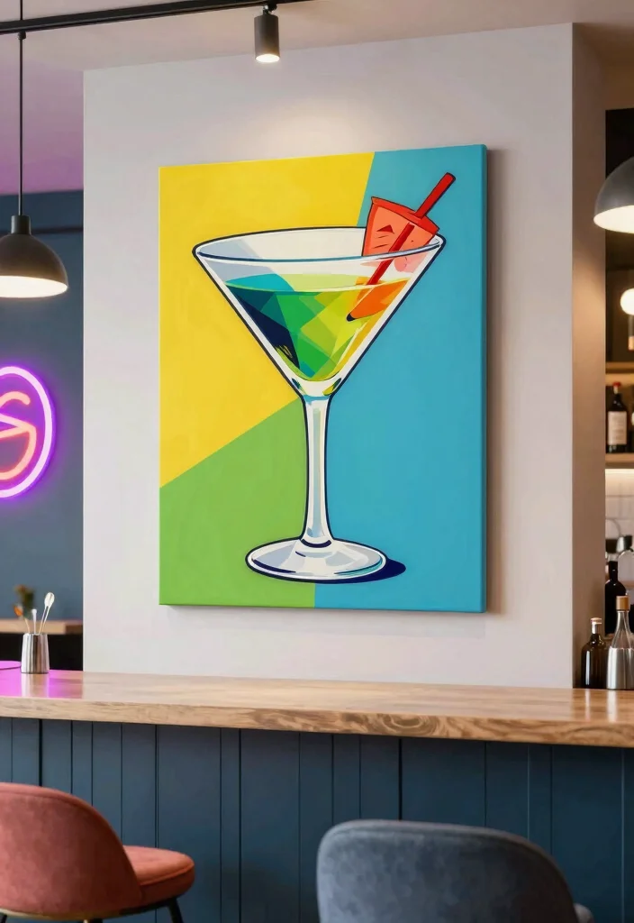 16 Martini Wall Art Ideas With Retro Glam Touch - 6. Colorful Martini Pop Art 1
