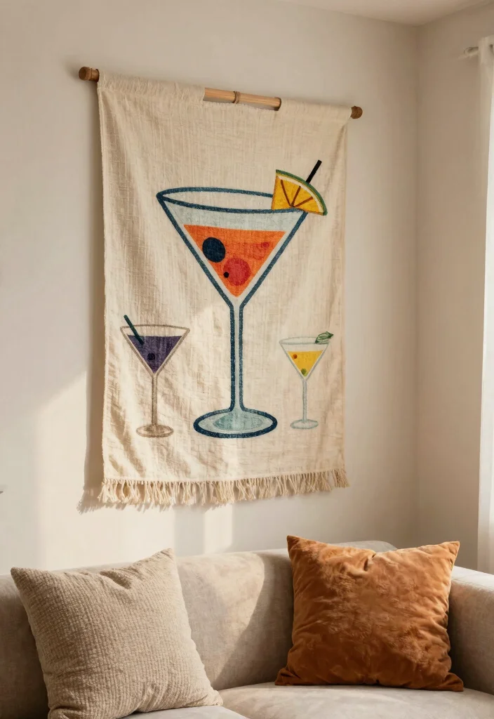 16 Martini Wall Art Ideas With Retro Glam Touch - 9. Martini-Themed Fabric Wall Hangings 1
