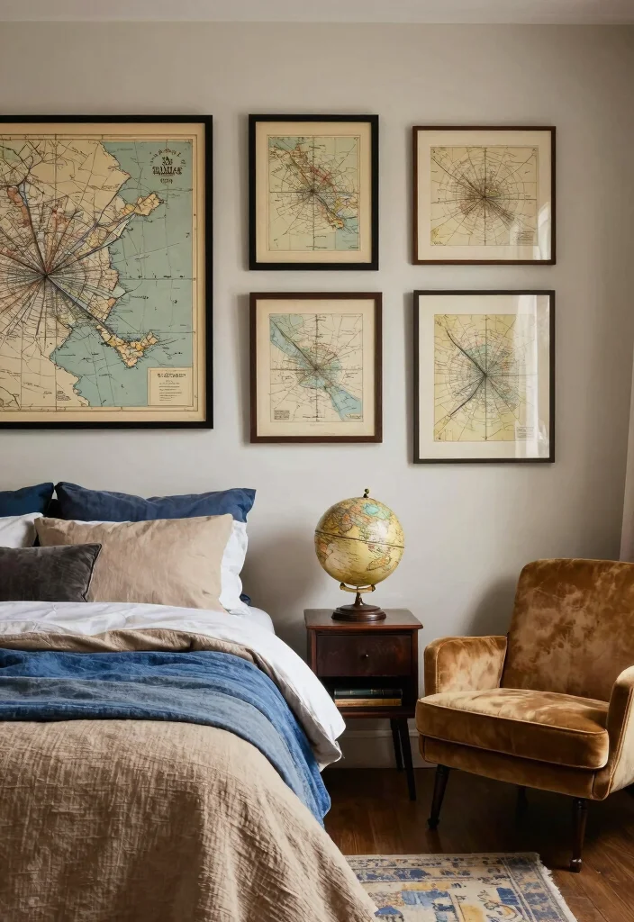 17 Blue Wall Art Bedroom Ideas With Calm Modern Energy - 10. Vintage Map Art 1