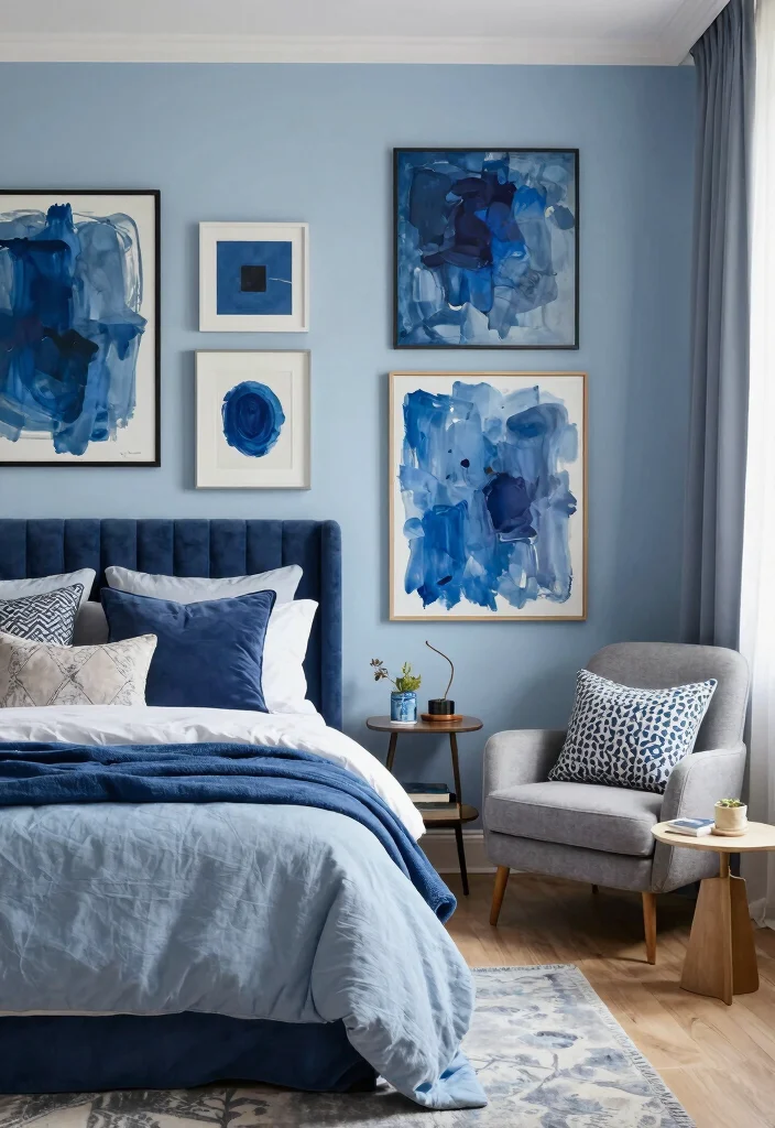 17 Blue Wall Art Bedroom Ideas With Calm Modern Energy - 11. Mixed Media Blue Art 1