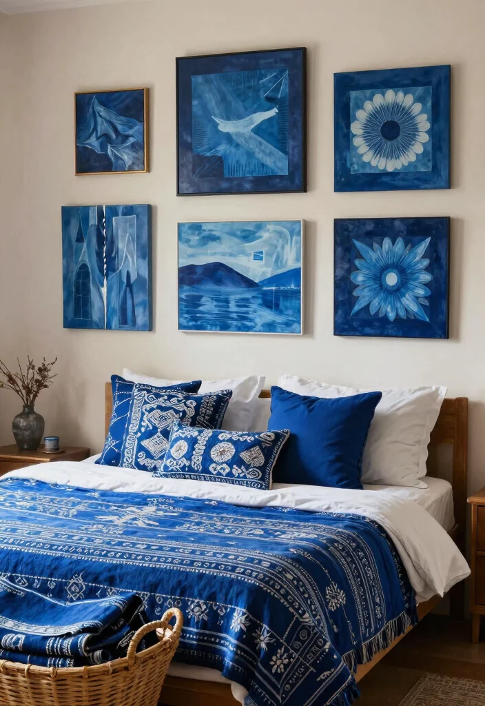 17 Blue Wall Art Bedroom Ideas With Calm Modern Energy - 14. Cultural Blue Art 1