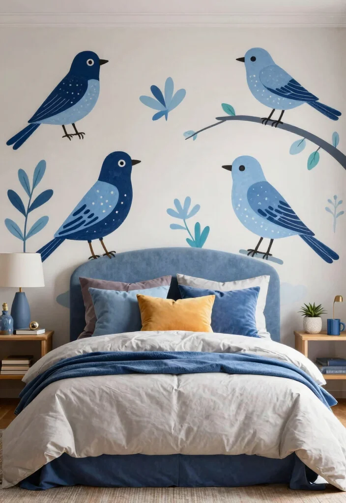 17 Blue Wall Art Bedroom Ideas With Calm Modern Energy - 15. Stylized Bird Art 1
