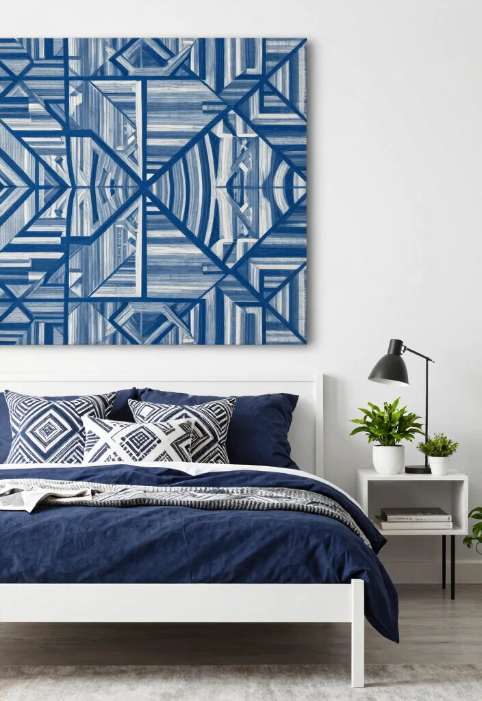 17 Blue Wall Art Bedroom Ideas With Calm Modern Energy - 3. Geometric Blue Patterns 1