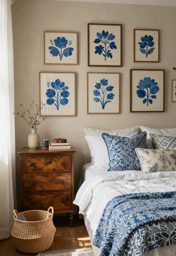 17 Blue Wall Art Bedroom Ideas With Calm Modern Energy - 4. Vintage Blue Floral 1