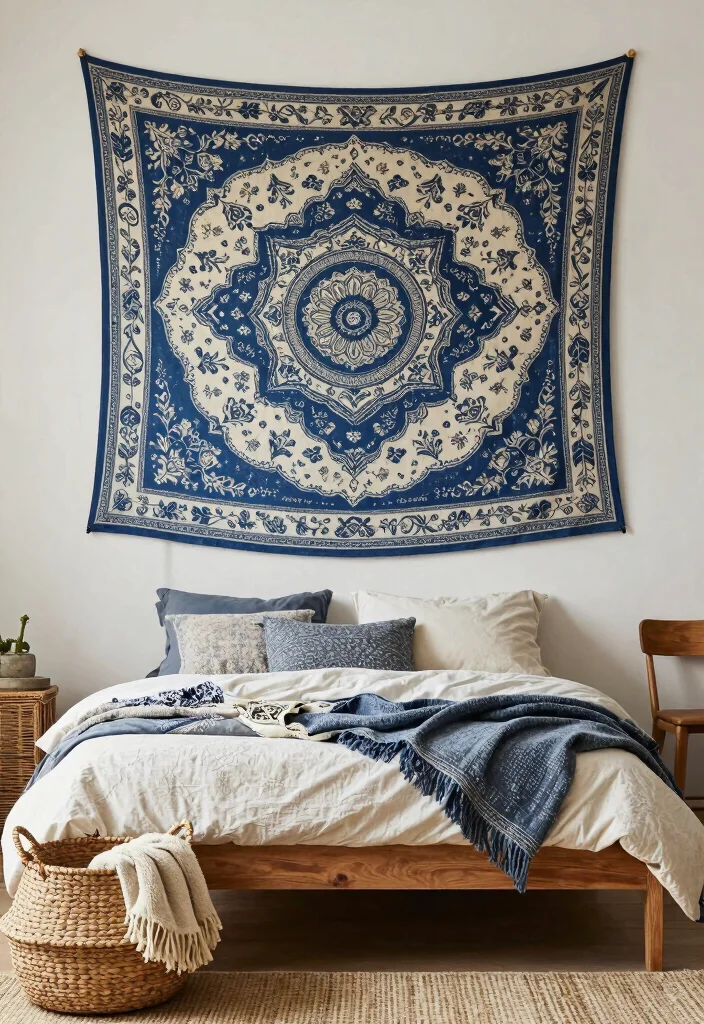 17 Blue Wall Art Bedroom Ideas With Calm Modern Energy - 7. Bohemian Tapestry 1