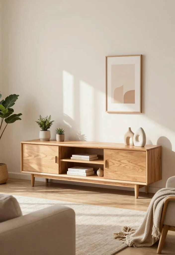 17 Japandi TV Unit Design Ideas With Minimal Warm Style - 1. Light Wood Finish with Open Shelves 1