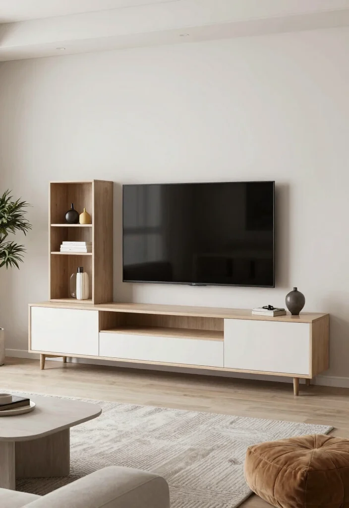 17 Japandi TV Unit Design Ideas With Minimal Warm Style - 13. Simple Geometric Shapes 1