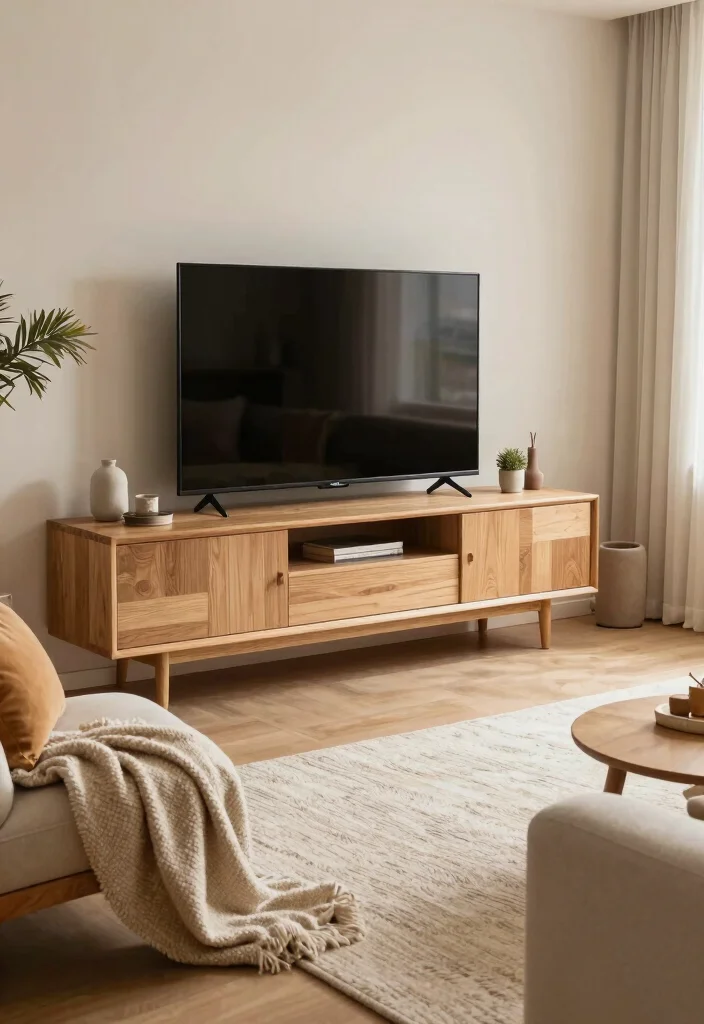 17 Japandi TV Unit Design Ideas With Minimal Warm Style - 14. Warm Textiles for Comfort 1