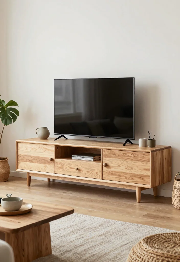 17 Japandi TV Unit Design Ideas With Minimal Warm Style - 15. Natural Material Combinations 1