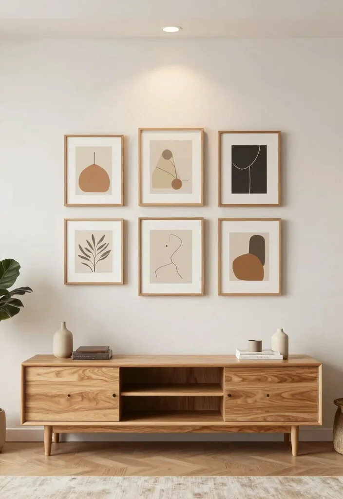 17 Japandi TV Unit Design Ideas With Minimal Warm Style - 16. Wall Art Pairing 1