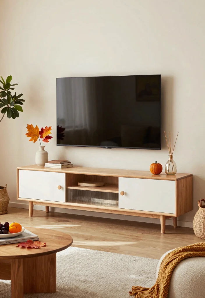 17 Japandi TV Unit Design Ideas With Minimal Warm Style - 17. Seasonal Styling 1