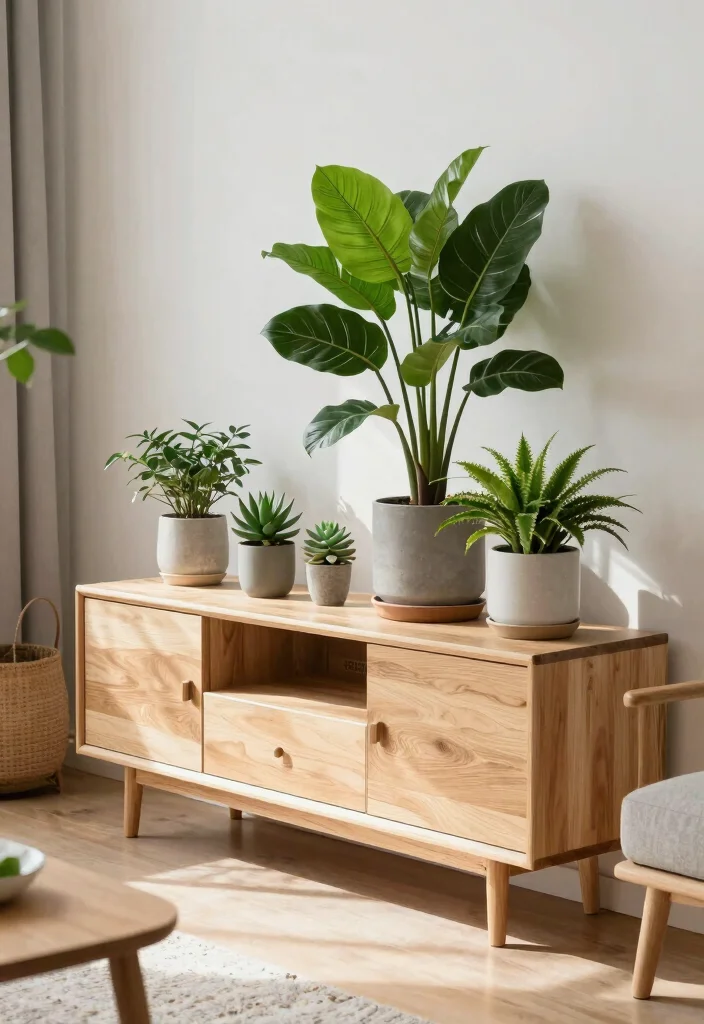 17 Japandi TV Unit Design Ideas With Minimal Warm Style - 7. Integrated Plants for Life 1