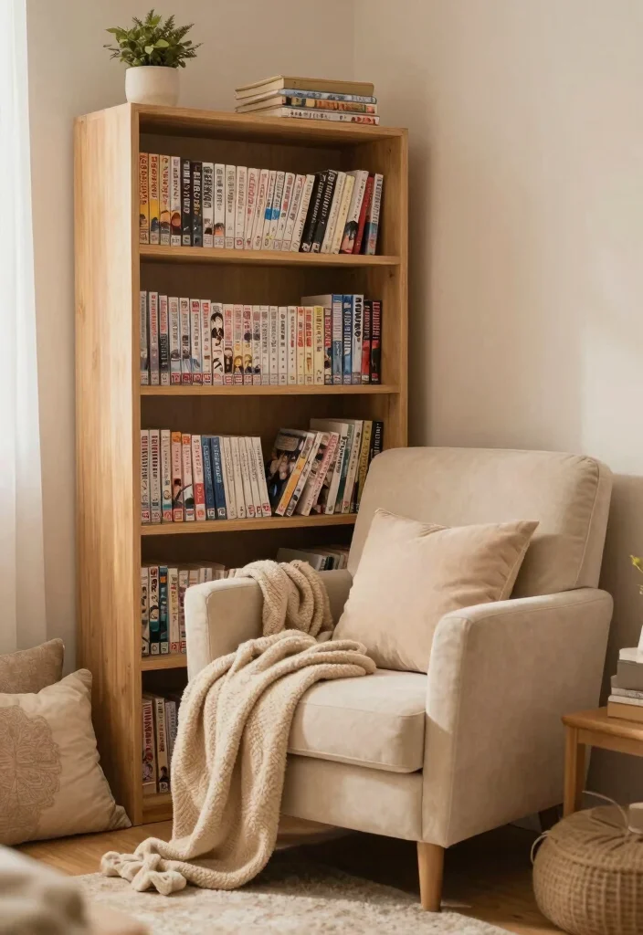 17 Manga Shelf Aesthetic Ideas for a Stylish Display - 17. Personal Library Corner: Create a Reading Nook 1