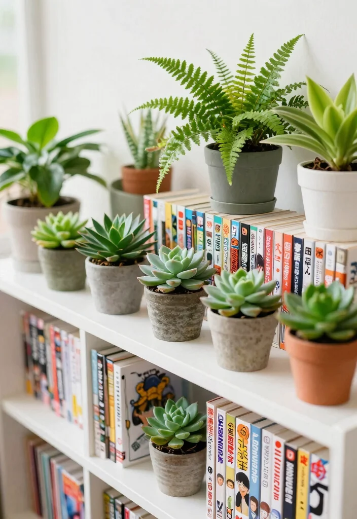 17 Manga Shelf Aesthetic Ideas for a Stylish Display - 8. Plants and Greenery: Add Life to Your Shelf 1