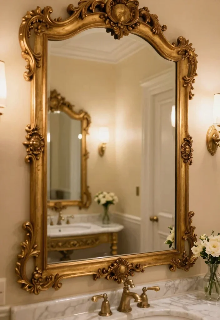 18 Antique Bathroom Mirror Ideas With Timeless Elegance - 1. Ornate Golden Frames 1