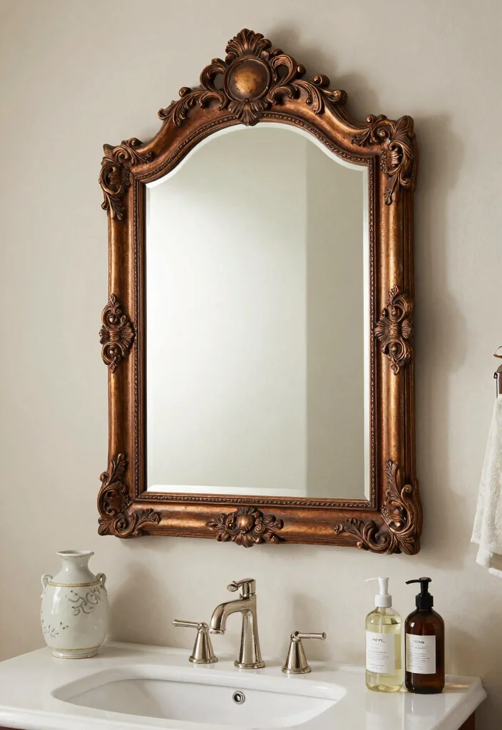 18 Antique Bathroom Mirror Ideas With Timeless Elegance - 14. Decorative Framed Mirrors 1