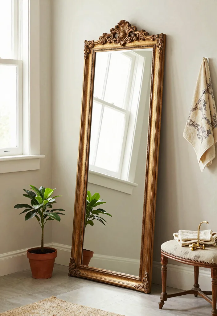 18 Antique Bathroom Mirror Ideas With Timeless Elegance - 7. Vintage Leaning Mirrors 1