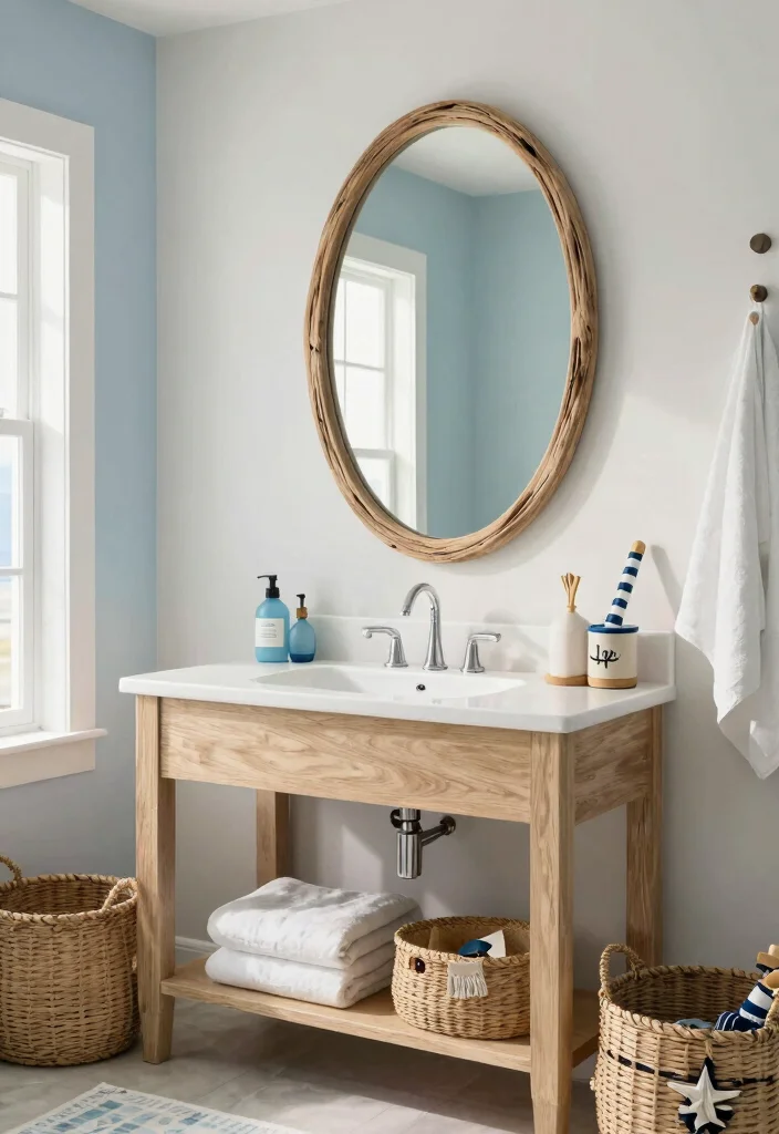 18 Oval Mirror Bathroom Ideas With Soft Elegant Curves - 12. Coastal Comfort 1
