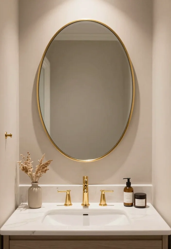 18 Oval Mirror Bathroom Ideas With Soft Elegant Curves - 18. A Touch of Gold 1