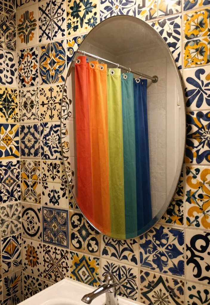 18 Oval Mirror Bathroom Ideas With Soft Elegant Curves - 7. Bold Patterns 1