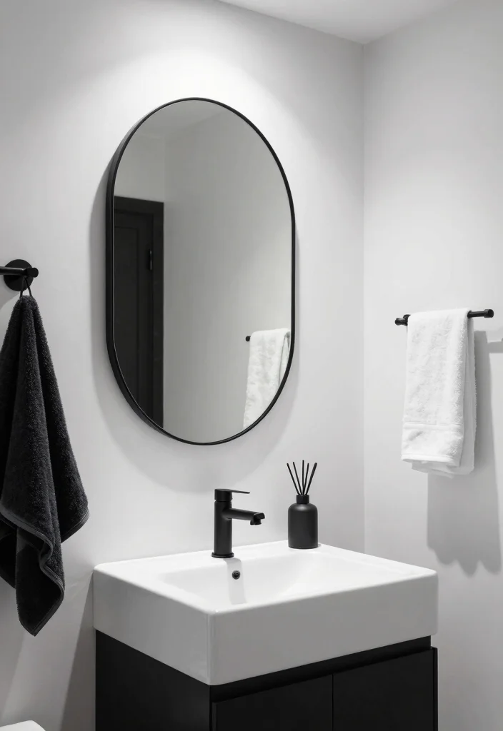 18 Oval Mirror Bathroom Ideas With Soft Elegant Curves - 8. Monochrome Magic 1