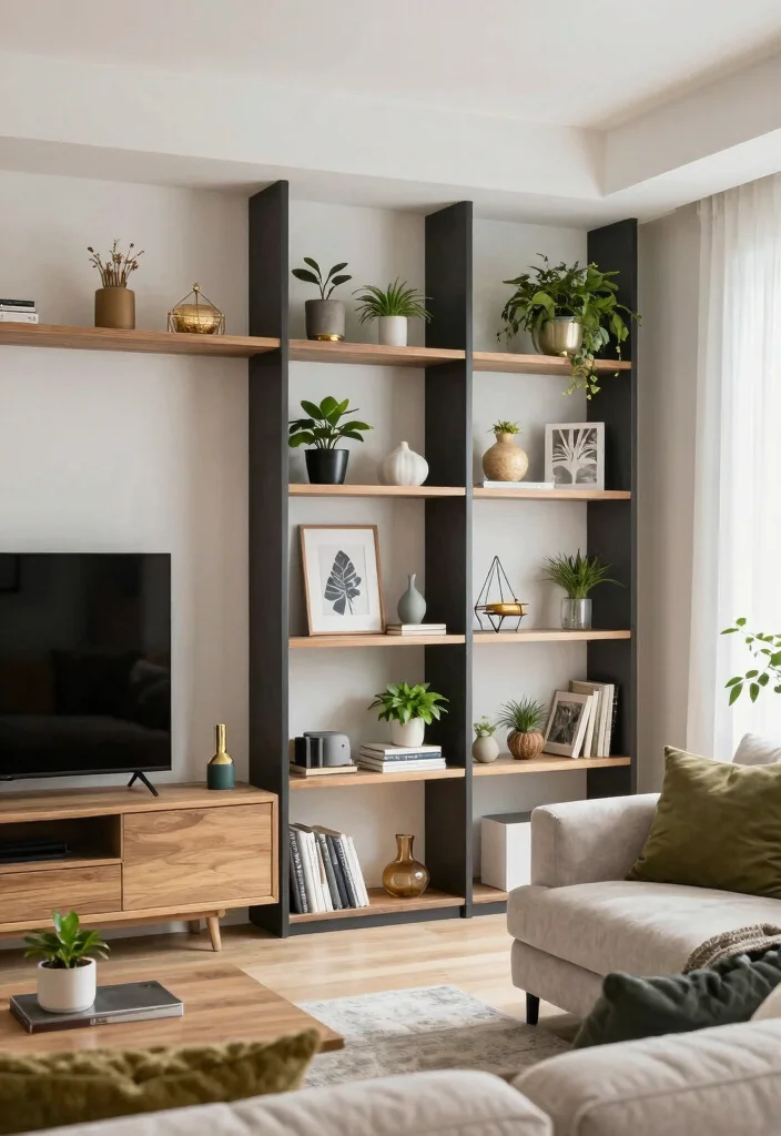 18 TV Unit Design Small Space Ideas That Maximize Style - 11. Stylish Open Shelving 1