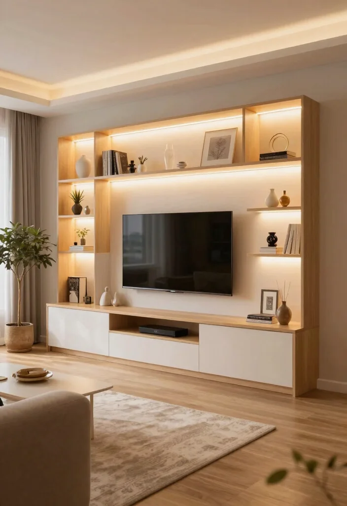 18 TV Unit Design Small Space Ideas That Maximize Style - 14. Stylish Integrated Lighting 1