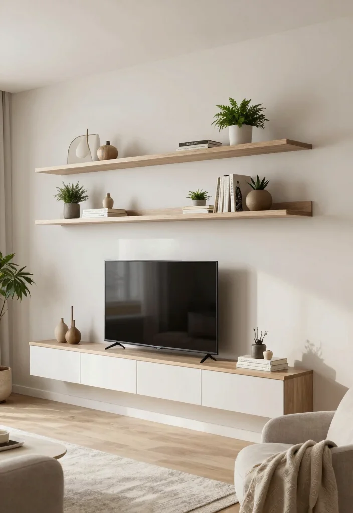 18 TV Unit Design Small Space Ideas That Maximize Style - 5. Minimalist Floating Shelves 1