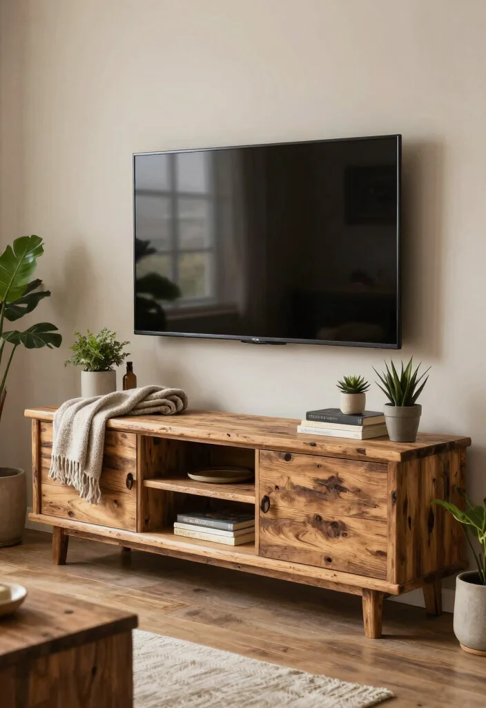 18 Wooden TV Stand Designs Ideas With Modern Rustic Appeal - 1. Rustic Elegance with Reclaimed Wood 1
