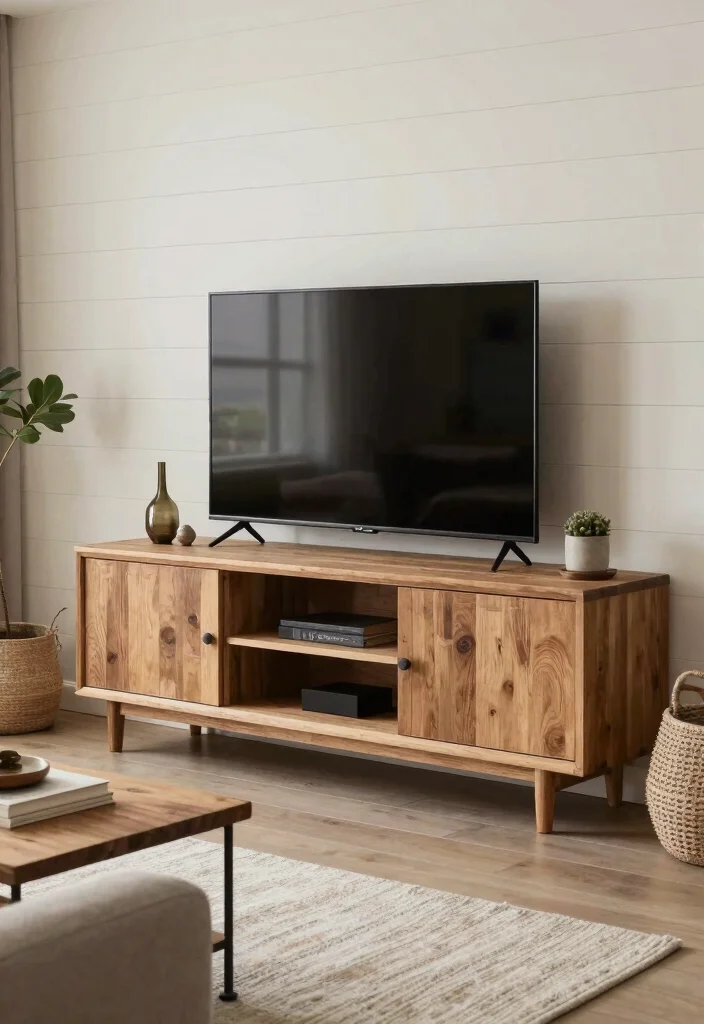 18 Wooden TV Stand Designs Ideas With Modern Rustic Appeal - 12. Contemporary Farmhouse Style 1