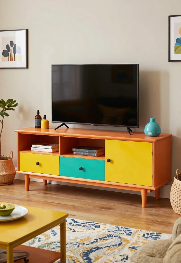 18 Wooden TV Stand Designs Ideas With Modern Rustic Appeal - 13. Bold Painted Wood 1