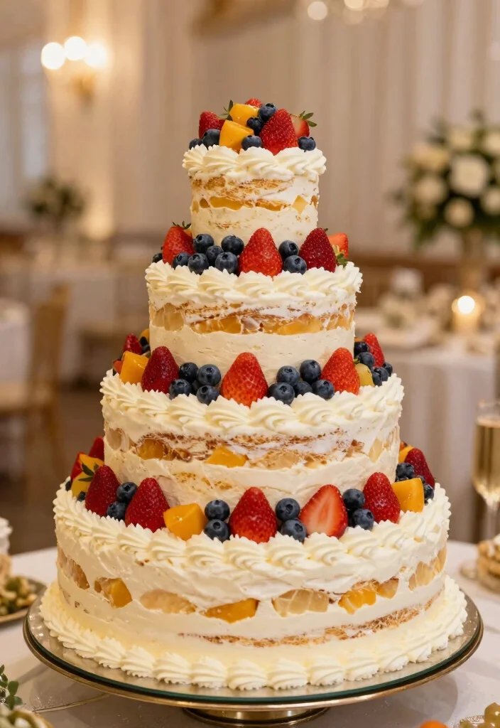14 Champagne Wedding Cake Ideas With Tiers That Stack Secure - 7. Whipped Cream and Fruit Delight 1